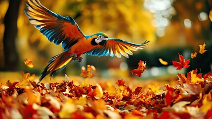 Wall Mural - Lively parrot flying from a pile of red and yellow autumn leaves in park