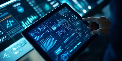 Canvas Print - Focused image of a cybersecurity audit report on a tablet, detailed analysis of potential threats, safeguarding digital assets