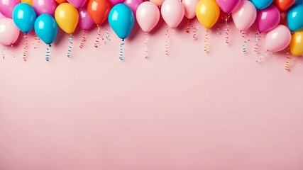 festive colorful balloons border on light pink backgro background