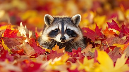 Wall Mural - Mischievous raccoon emerging from a pile of red and yellow autumn leaves in park