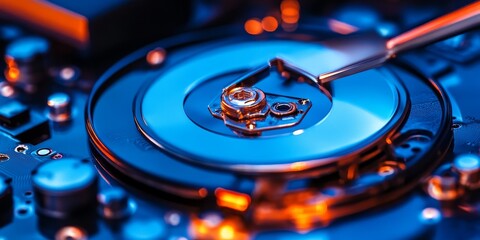 Canvas Print - Macro shot of a hard drive under forensic analysis, data recovery tools in action, intricate details of the recovery process