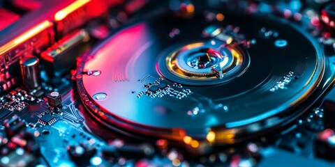 Canvas Print - Macro shot of a hard drive under forensic analysis, data recovery tools in action, intricate details of the recovery process