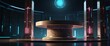 © ezra - futuristic portal science fiction podium pedestal platform modern empty cyberpunk podium mockup space background, stage, advertisement, horizontal, merchandise, shadow, show, marble