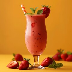 Wall Mural - Close-up of a refreshing strawberry smoothie with a straw, garnished with mint and a strawberry, on a yellow background with whole strawberries.