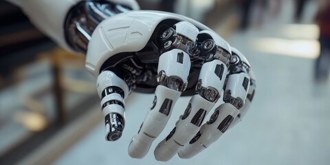 Canvas Print - Macro shot of a humanoid robot's hand, intricate design mimicking human dexterity and precision