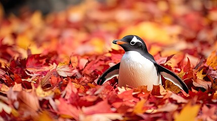 Wall Mural - Playful penguin sliding out of a pile of red and yellow autumn leaves in park