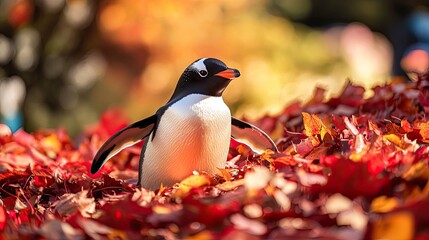 Wall Mural - Playful penguin sliding out of a pile of red and yellow autumn leaves in park