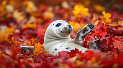 Playful seal pup flipping out of a pile of red and yellow autumn leaves in park