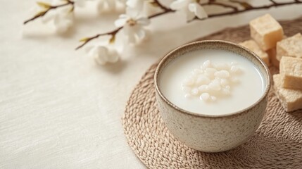 Korean traditional rice wine (makgeolli) in a ceramic cup with rice cakes, leaving space for text above.