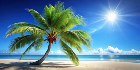 detailed realistic coconut tree illustration bright blue sunny day clear sky warm sandy beach