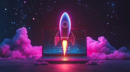 rocket launch from laptop screen, neon lights, startup, technology, digital success, capturing the e