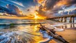 © AK2478 - Vibrant beach scenes at sunrise with waves gently lapping at the shore, featuring weathered wooden piers, and distressed driftwood, conveyed in warm, soft focus, and muted tones.