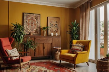 Wall Mural - Aesthetic composition of warm and cozy living room interior with stylish kilim rug, wooden sideboard, plant, yellow wall, red armchair, brown sofa and personal accessories.