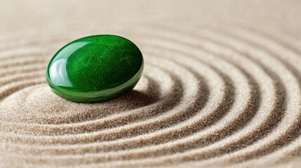 a jade gemstone placed on a zen garden with carefully arranged sand patterns, symbolizing peace and 