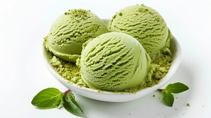 Green tea matcha ice cream with matcha powder isolated on a white background