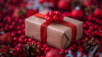 A beautifully wrapped gift with red ribbon surrounded by festive decorations featuring berries and pine cones, set against a vibrant holiday backdrop