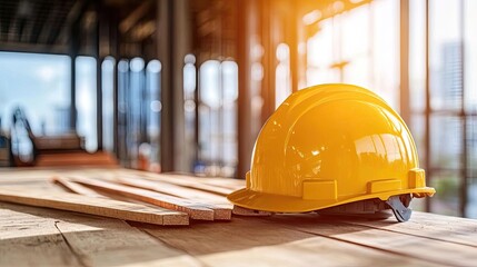 A bright yellow hard hat rests on wooden planks in a well-lit construction site, symbolizing safety and professionalism in building.