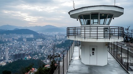 Wall Mural - watchtower structure with a panoramic view, overlooking a sprawling cityscape, emphasizing security 