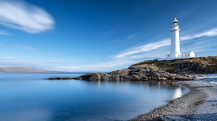 Wall Mural - Lighthouse tower standing tall on a rocky shoreline, representing safety and illumination, copy space for text,