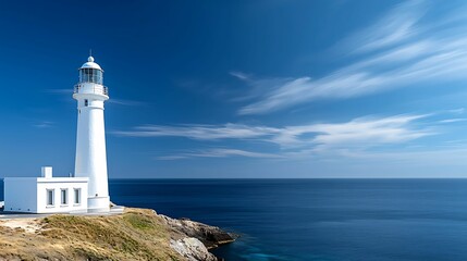 Wall Mural - Lighthouse tower with a commanding height, standing as a beacon of safety on a remote coastline, copy space for text,