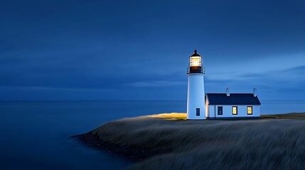 Wall Mural - Lighthouse tower illuminated at dusk, a symbol of guidance and towering presence, copy space for text,