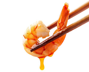 Wall Mural - Delicious, juicy shrimp held by chopsticks, dripping soy sauce, cut out