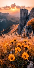 Canvas Print - Mountain Landscape With Wildflowers At Sunset