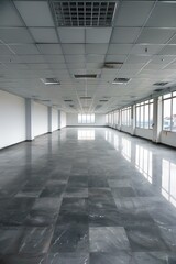 Poster - Empty Office Room With Grey Tile Floor And Windows