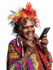 An australian  woman using the smartphone for communication in social networks, isolated on transparent background. Communication concept.
