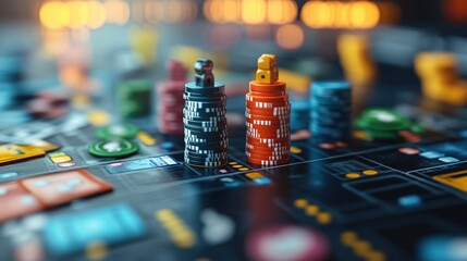 Stacks of Colorful Chips on Strategy Board Game