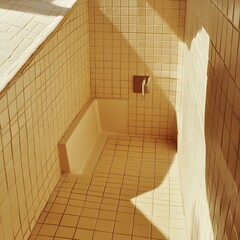 Canvas Print - Sunlit Shower Stall in a Yellow Tile Bathroom