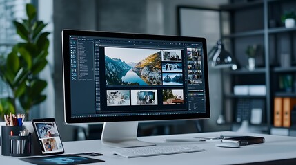 A digital artist's desk with AI software enhancing a photograph in real-time, blending image generation and photo retouching seamlessly, with creative tools in the background, copy space for text,