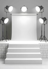 Canvas Print - White Studio Background with Four Lights and Stairs