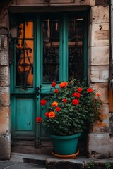 Sticker - Green Door with Potted Flowers