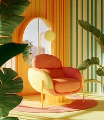 Sticker - Yellow and Orange Minimalist Interior Design with a Modern Armchair