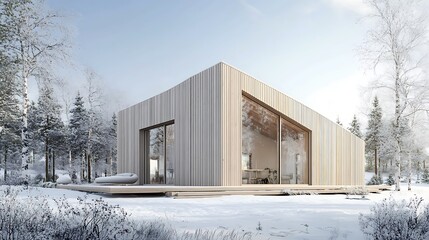 Scandinavian-style house with minimalist architecture, a light wood exterior, and large windows in a snowy landscape