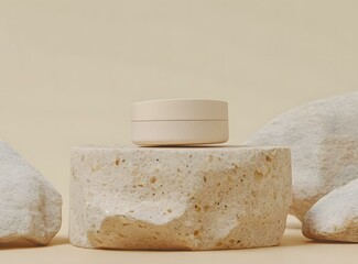 Wall Mural - Cream Jar on Stone Platform Minimalist Product Photography