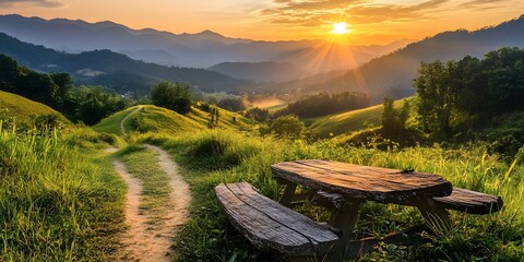 Wall Mural - Sunrise Over Mountain Landscape With Wooden Bench