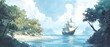 © ธนากร บัวพรหม - Serene nautical scene with an old-fashioned sailing ship approaching a lush, tropical island under a beautiful sky.