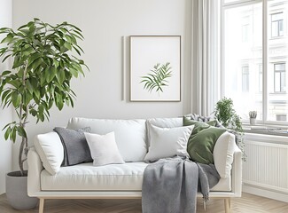 Poster - Modern Living Room Interior Design with White Sofa and Green Plants