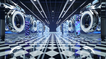 Poster - Row of Chrome Washing Machines in a Laundromat