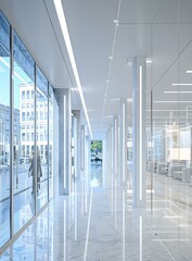 Wall Mural - Modern Minimalist Office Corridor With White Walls and Glass Windows