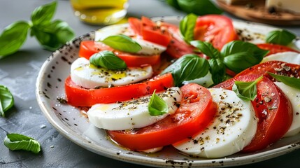 Caprese salads featuring fresh mozzarella, tomatoes, and basil served on a plate	