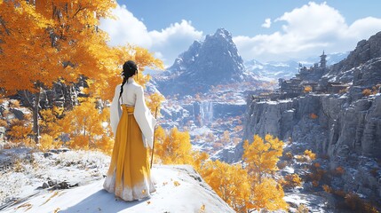 Poster - Woman in Traditional Chinese Clothing Admiring Mountain Landscape.