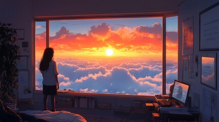 Poster - Woman Looking Out Window at Sunset Over Clouds.