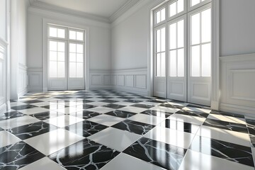 Canvas Print - White Room With Checkerboard Floor And Two Windows