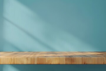 Canvas Print - Light Wood Tabletop On Light Blue Wall Background