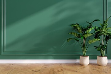 elegant green interior featuring a blank wall, warm wooden flooring, and two decorative plants, crea