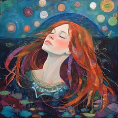 Canvas Print - Woman With Red Hair Surrounded by Colorful Circles