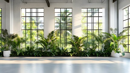 Canvas Print - Large Windows with Tropical Plants in a Modern Interior Design